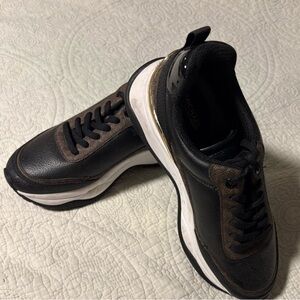 Michael Kors Men's Black and Brown Sneakers with Gold Accent